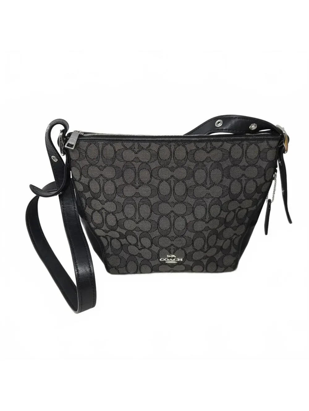 COACH Signature Dufflette Crossbody Bag Black Jacquard Leather Silver READ